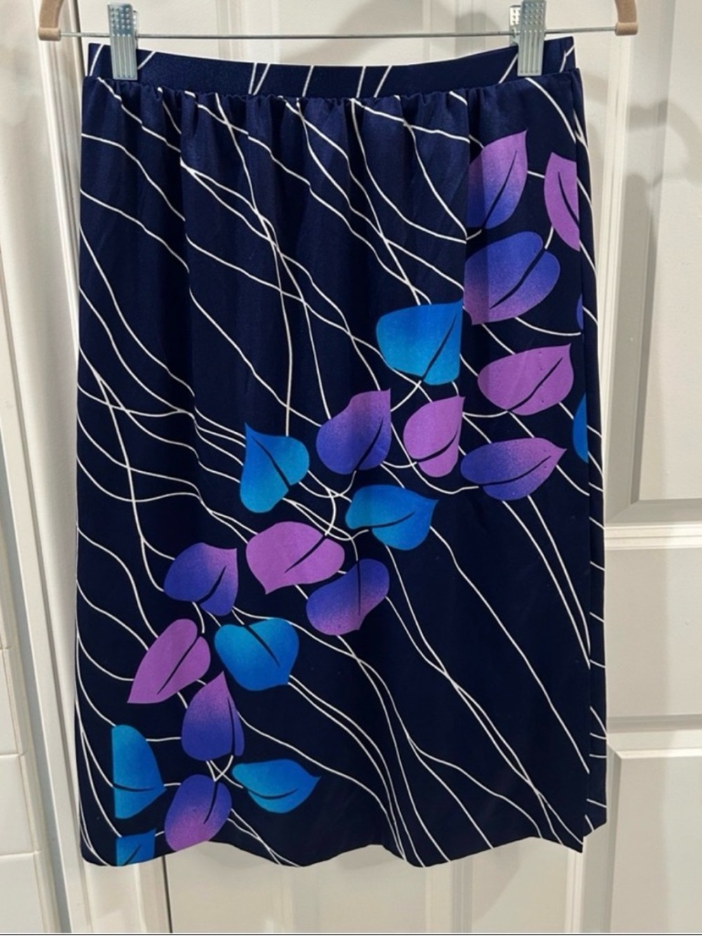 Vintage Roxanne Navy Abstract Leaf Purple Blue Midi Skirt 70s Retro High Slit M